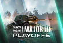 A War Thunder tank beneath WTCS Challenger League Major III playoffs branding, framed by a forest and green light panels