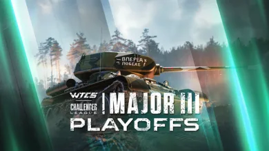 A War Thunder tank beneath WTCS Challenger League Major III playoffs branding, framed by a forest and green light panels