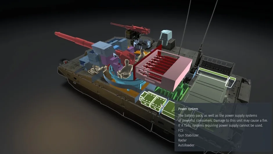 War Thunder X-ray view highlighting a tank's power system and dependent modules