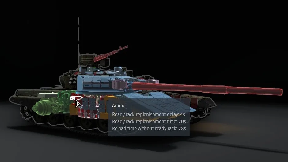 War Thunder X-ray view showing a tank's ammunition rack and reload timing