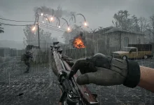 A first-person WARDOGS soldier aims a rifle across a rain-soaked battlefield as a building burns.