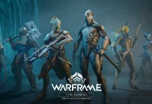Six Warframes stand together in a frozen cavern beneath The Icebind logo.