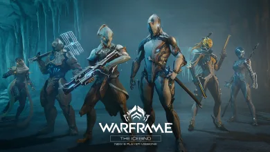 Six Warframes stand together in a frozen cavern beneath The Icebind logo.