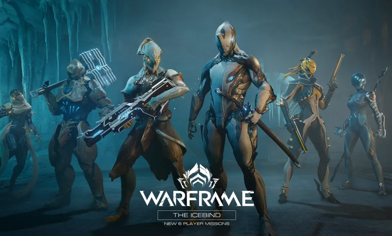 Six Warframes stand together in a frozen cavern beneath The Icebind logo.