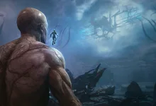 A small floating Warframe figure faces a towering figure in a blue, misty landscape.