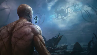 A small floating Warframe figure faces a towering figure in a blue, misty landscape.