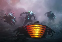 Several creatures surround a glowing orange object in a dark, misty Warframe scene.