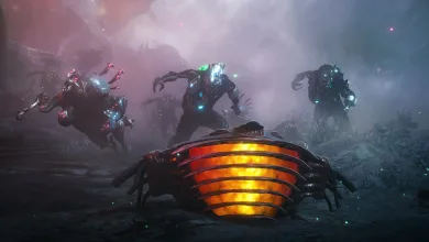 Several creatures surround a glowing orange object in a dark, misty Warframe scene.
