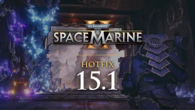 An armored Space Marine stands amid blue and purple battle effects in Hotfix 15.1 artwork.