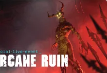 A horned demonic figure stands in a red-lit scene beneath the Arcane Ruin event title.
