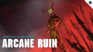 A horned demonic figure stands in a red-lit scene beneath the Arcane Ruin event title.