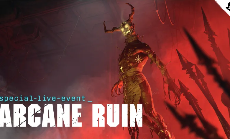 A horned demonic figure stands in a red-lit scene beneath the Arcane Ruin event title.