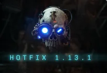 A glowing blue-eyed servo skull above the text “HOTFIX 1.13.1.”