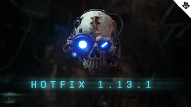 A glowing blue-eyed servo skull above the text “HOTFIX 1.13.1.”