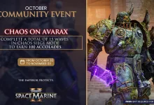 Event artwork featuring a Chaos Space Marine beside the 15-wave Chaos Siege challenge for 100 Accolades, running October 20 to November 3.