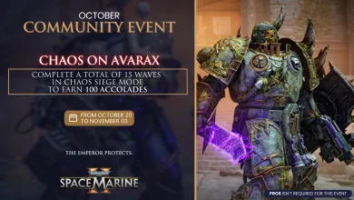 Event artwork featuring a Chaos Space Marine beside the 15-wave Chaos Siege challenge for 100 Accolades, running October 20 to November 3.