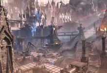 Ruined industrial cityscape from Warhammer 40,000: Space Marine 2, with gothic towers, walkways, smoke, and fire.