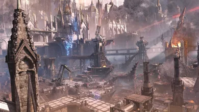 Ruined industrial cityscape from Warhammer 40,000: Space Marine 2, with gothic towers, walkways, smoke, and fire.