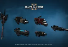 Six weapons from Warhammer 40,000: Space Marine 2 arranged on a blue background beneath the game logo.