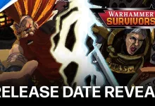 Pixel-art armored fighters face off beneath the Warhammer Survivors logo in a release-date reveal graphic.