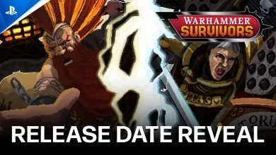 Pixel-art armored fighters face off beneath the Warhammer Survivors logo in a release-date reveal graphic.