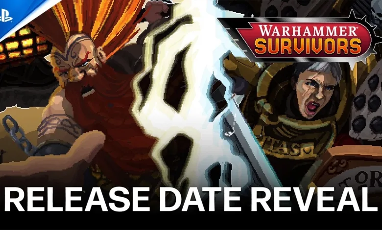Pixel-art armored fighters face off beneath the Warhammer Survivors logo in a release-date reveal graphic.