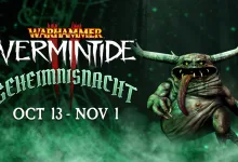 A horned, green-skinned creature emerges from green mist beside Warhammer: Vermintide 2 Geheimnisnacht lettering and the October 13–November 1 dates.