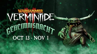 A horned, green-skinned creature emerges from green mist beside Warhammer: Vermintide 2 Geheimnisnacht lettering and the October 13–November 1 dates.