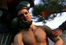 Close-up of a shirtless man held by an armored figure, with a red-fletched arrow nearby.