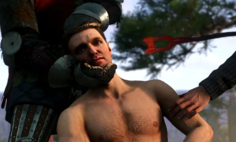 Close-up of a shirtless man held by an armored figure, with a red-fletched arrow nearby.