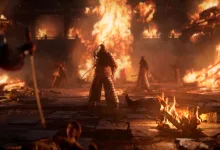 An armored fighter stands amid flames as other figures face off in a burning battlefield in Where Winds Meet.