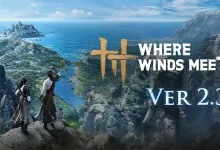 Two adventurers look out across a coastal landscape in Where Winds Meet Version 2.3 artwork.
