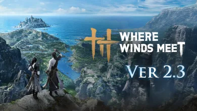 Two adventurers look out across a coastal landscape in Where Winds Meet Version 2.3 artwork.