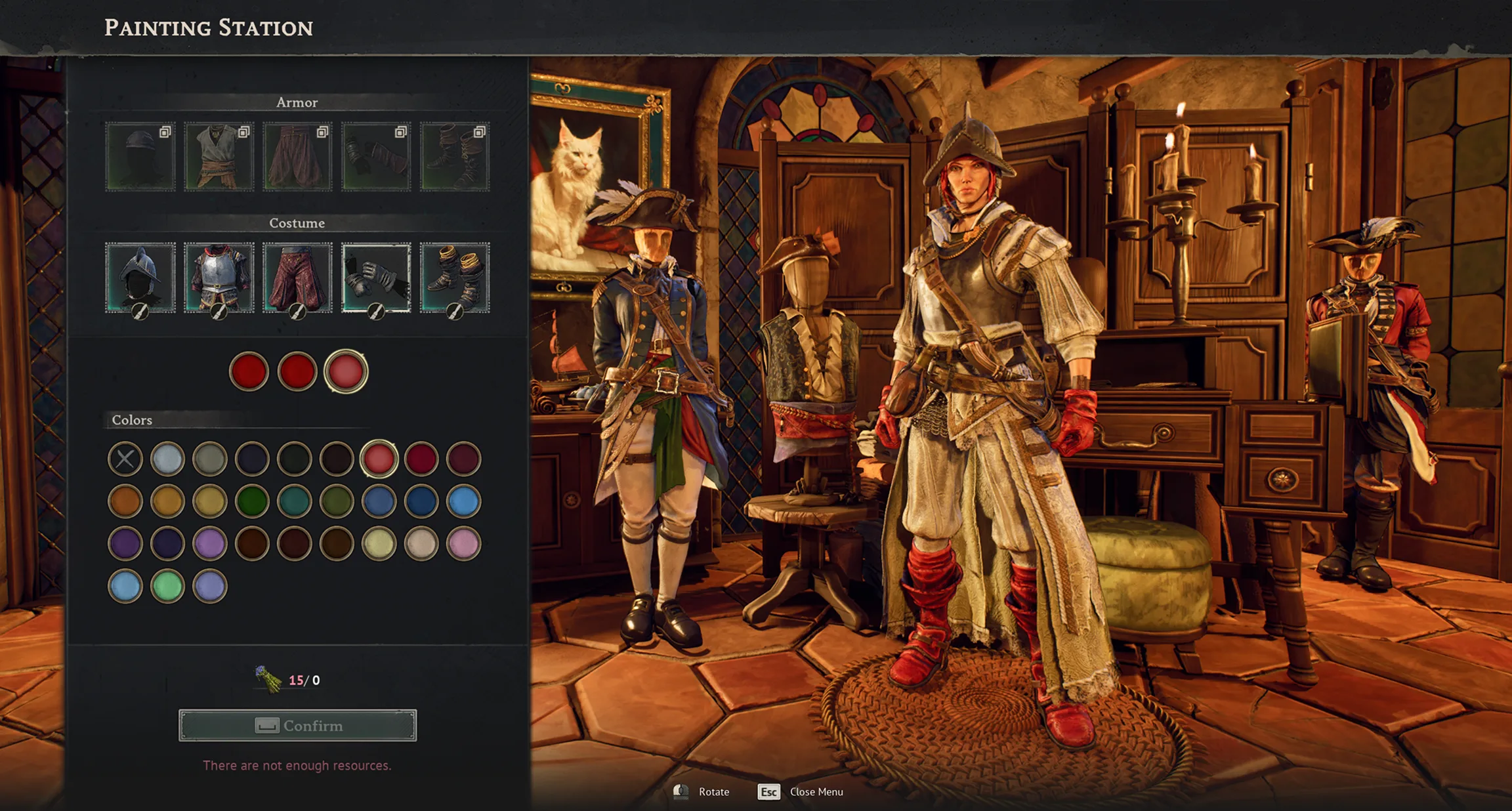 Windrose armor dyeing interface with armor slots and a character preview