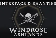 A skull and crossed swords emblem on a dark Windrose Ashlands title card