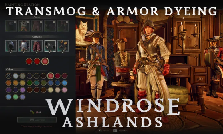 Pirate characters wearing different armor outfits beside an armor dyeing interface in Windrose.