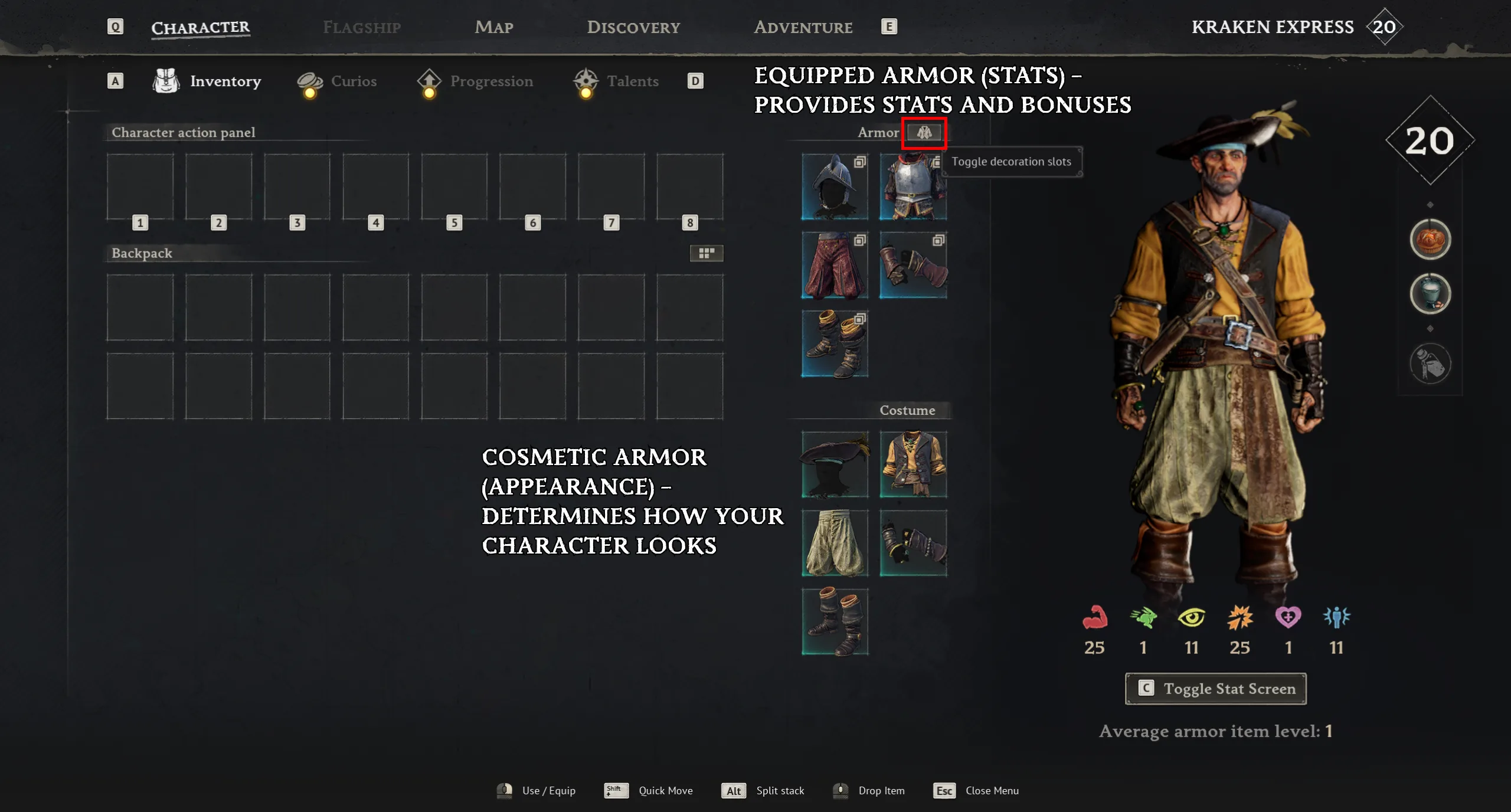 Windrose character screen showing separate armor and cosmetic slots