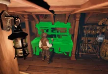 A pirate places a highlighted workbench module inside a ship’s wooden hold.