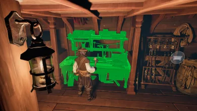 A pirate places a highlighted workbench module inside a ship’s wooden hold.