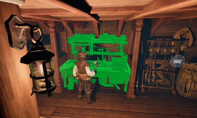 A pirate places a highlighted workbench module inside a ship’s wooden hold.