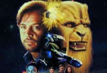 A human pilot, a Kilrathi alien, and a spacecraft against a starfield.