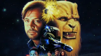 A human pilot, a Kilrathi alien, and a spacecraft against a starfield.
