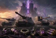 Armored tanks stand before a purple-lit fortress, with ornate violet and gold equipment arranged in the foreground.