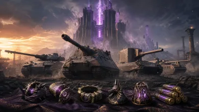 Armored tanks stand before a purple-lit fortress, with ornate violet and gold equipment arranged in the foreground.