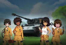 Four anime-style crew members in tan uniforms pose in front of a tank outdoors.