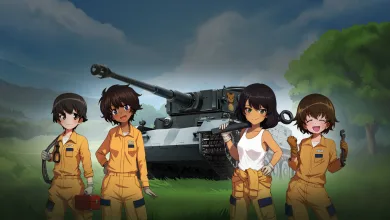 Four anime-style crew members in tan uniforms pose in front of a tank outdoors.