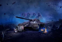A tank sits in a blue, debris-strewn battlefield with four ghostly figures looming behind it.