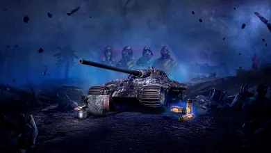 A tank sits in a blue, debris-strewn battlefield with four ghostly figures looming behind it.