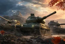 Three tanks advance across rocky ground beneath an autumn sky, with a Japanese castle in the background and a Japanese flag on the lead tank.