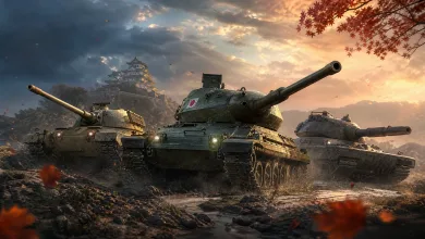 Three tanks advance across rocky ground beneath an autumn sky, with a Japanese castle in the background and a Japanese flag on the lead tank.